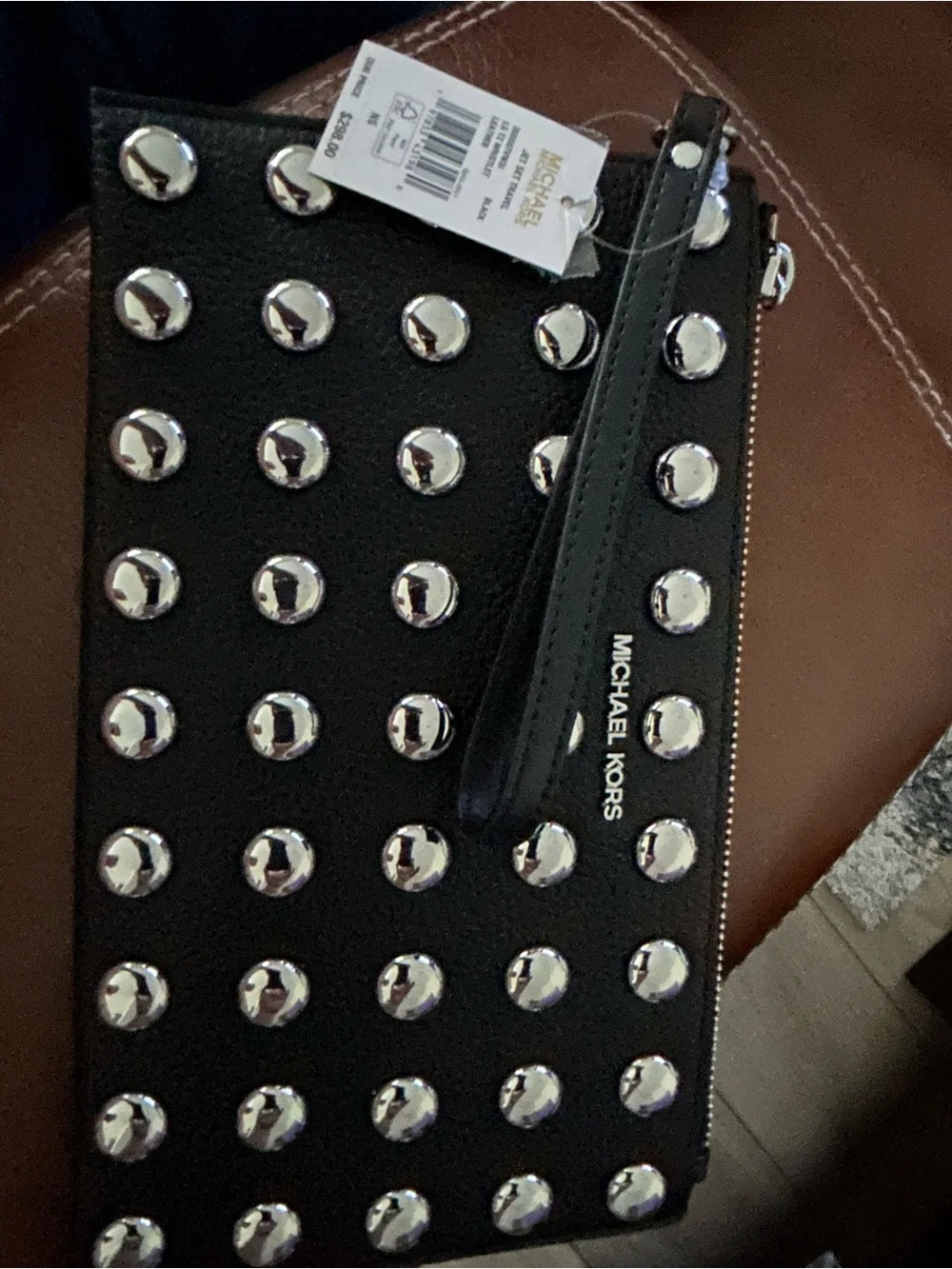 Michael Kors Jet Set Black Leather Studded Zip Wristlet